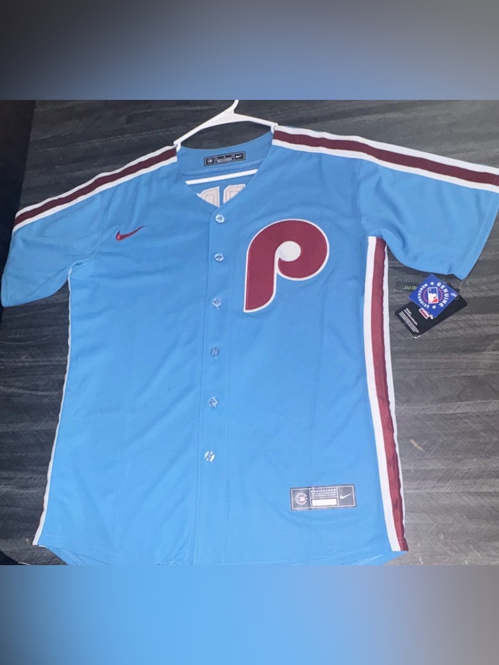 Nike Men’s Powder Blue Phillies Jersey with Maroon Trim